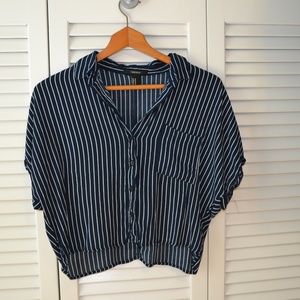 Navy Blue Striped Button Up Crop